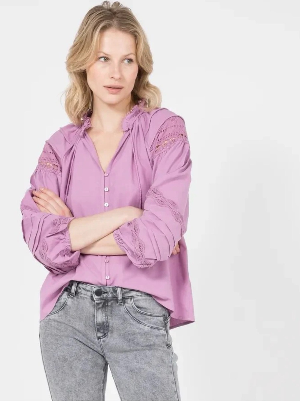 SUNCOO Luna Blouse top long sleeve embroidered  mauve purple small
